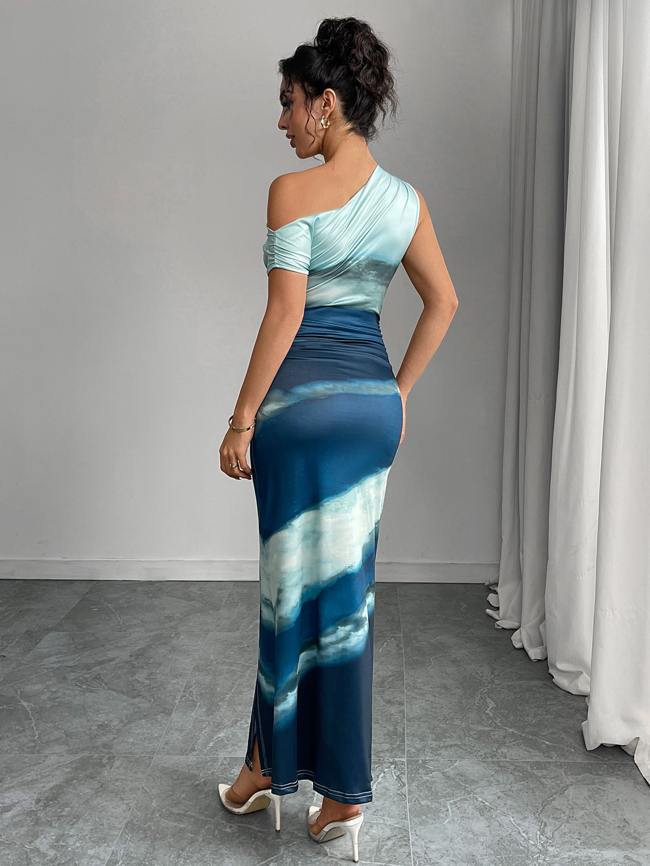 Contrast Color Slim Dress Off-shoulder Long Dress
