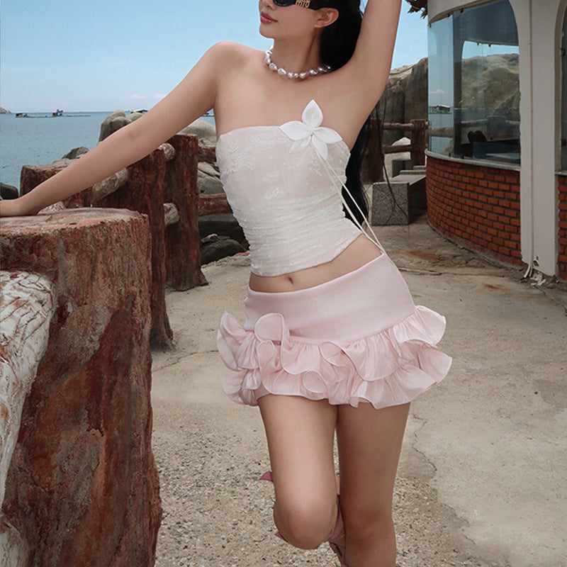 Flower-Embellished Mesh Tube Top Suit
