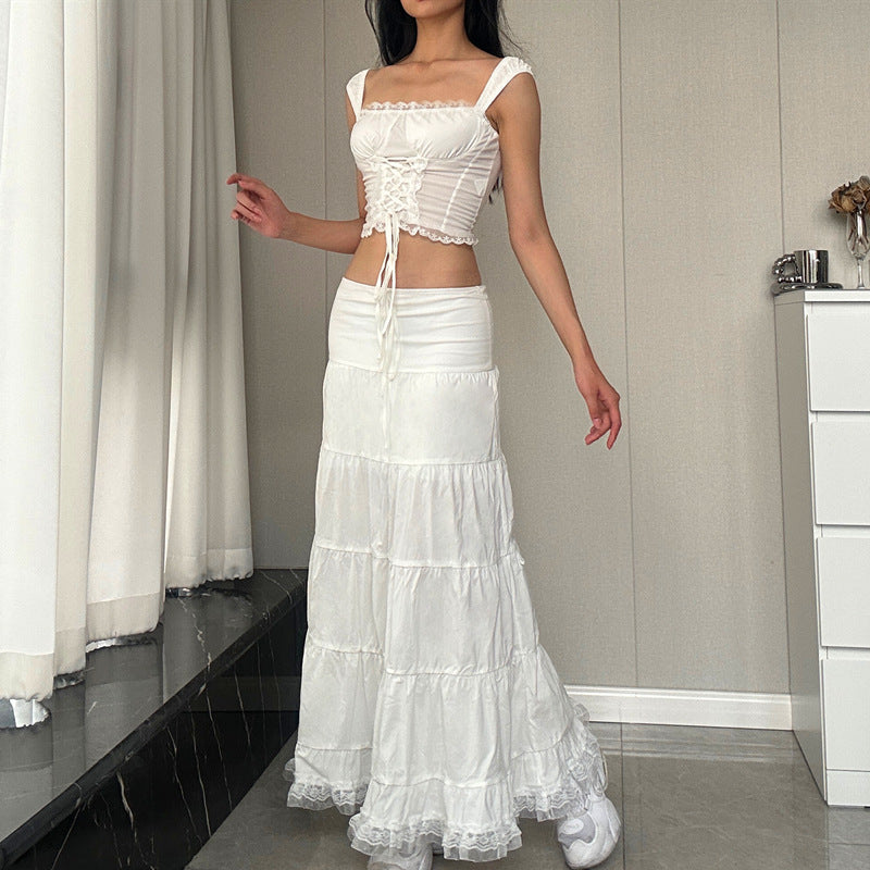 Lace Vest And Ruffled Skirt Set