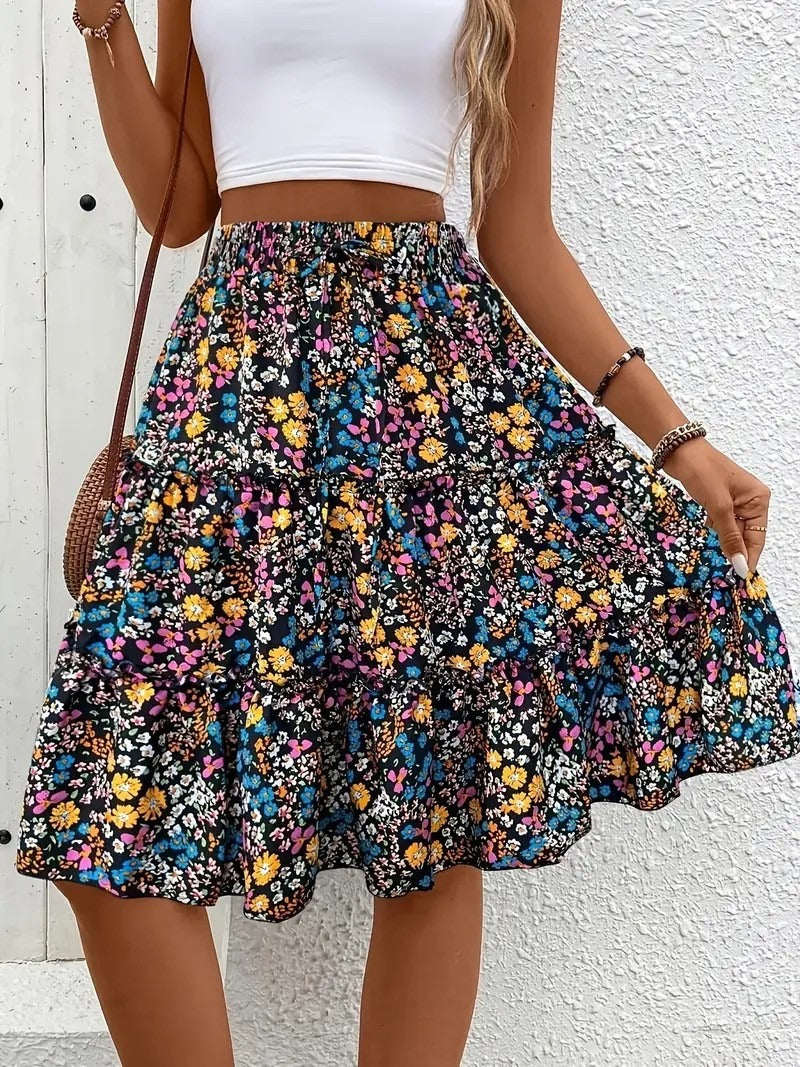 Floral Print Elastic Hem A-Line Skirt