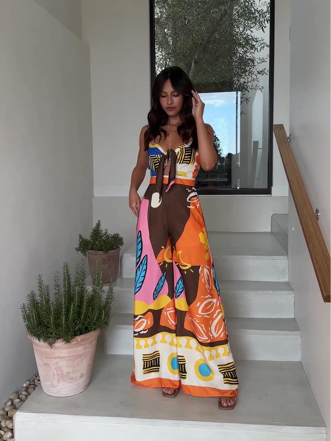V-Neck Strappy Jumpsuit Straight-Leg Pants