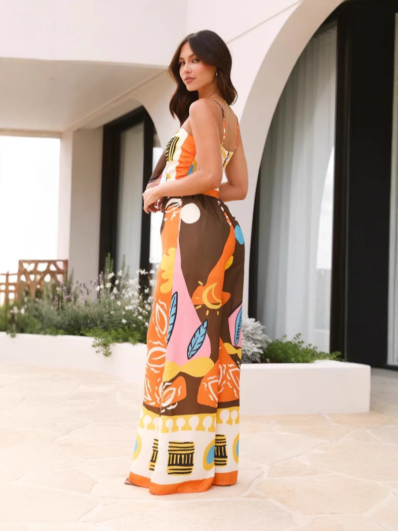 V-Neck Strappy Jumpsuit Straight-Leg Pants