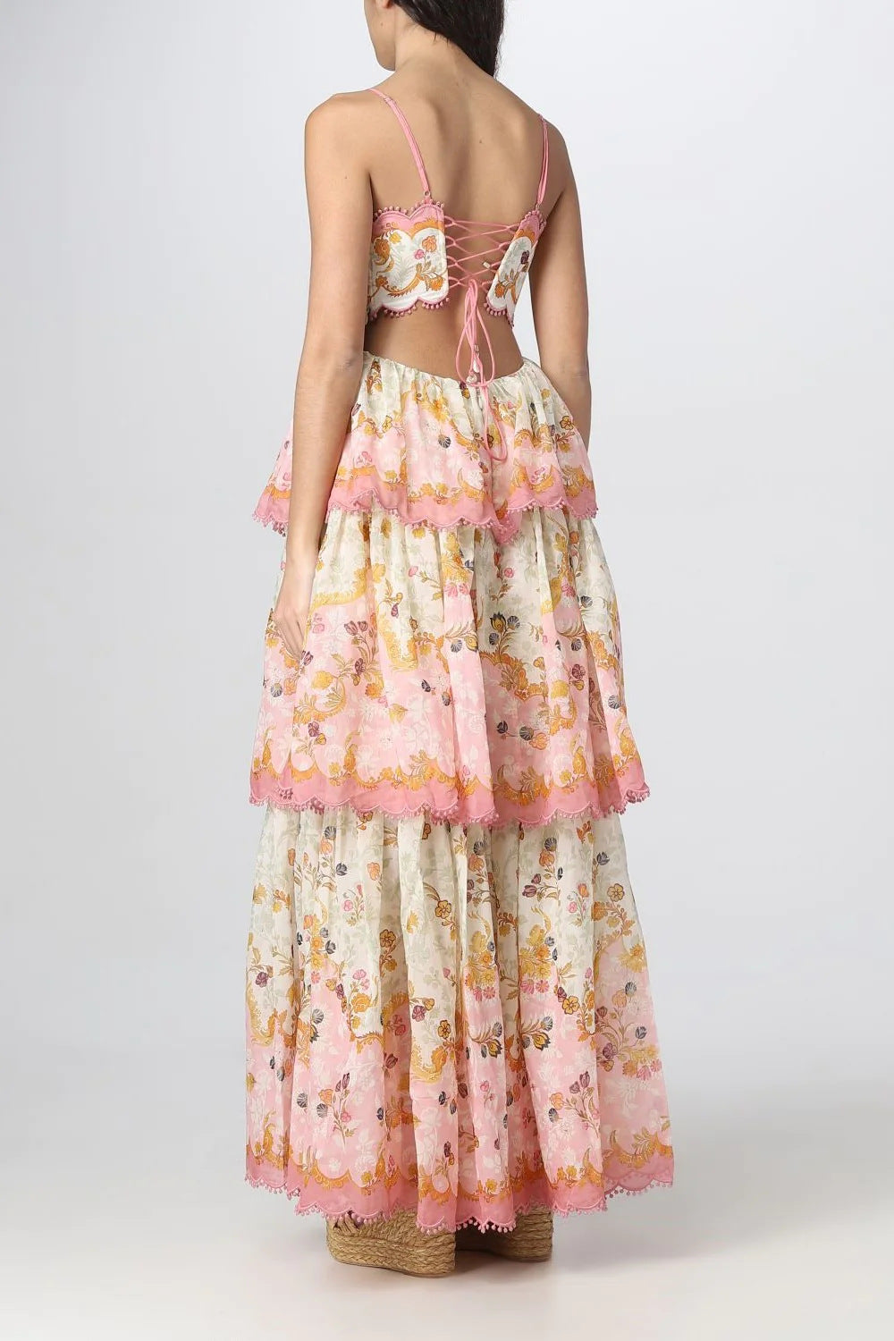 Floral Lace-Trim Midi Dress In Pink Emes Shop Floral Lace-Trim Midi Dress In Pink Emes Shop