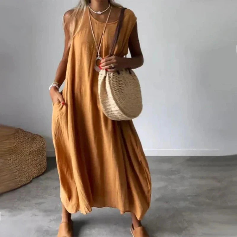 Sleeveless Casual Midi Dress With Pocket