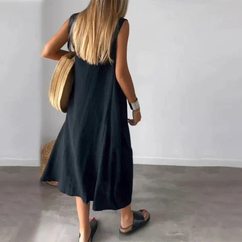 Sleeveless Casual Midi Dress With Pocket