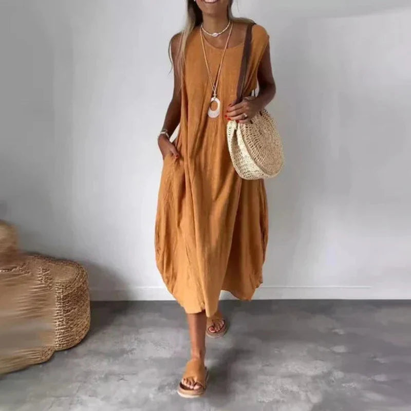 Sleeveless Casual Midi Dress With Pocket