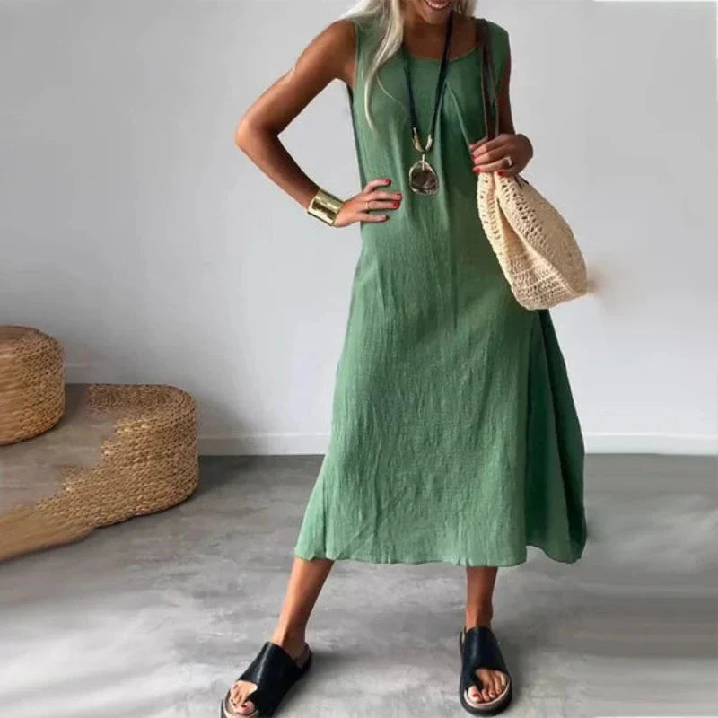 Sleeveless Casual Midi Dress With Pocket