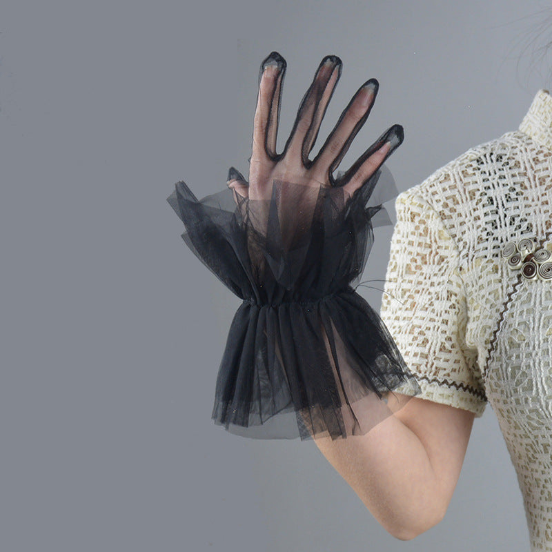 Black Silk Short Gloves 20cm Oversized And Wide Flying Lace