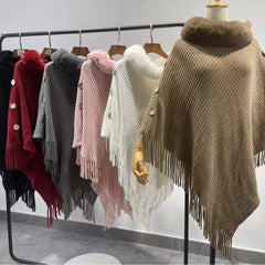 Chal de cuello de piel de punto para mujer, temperamento cálido, grueso, suelto, con borlas, capa atmosférica