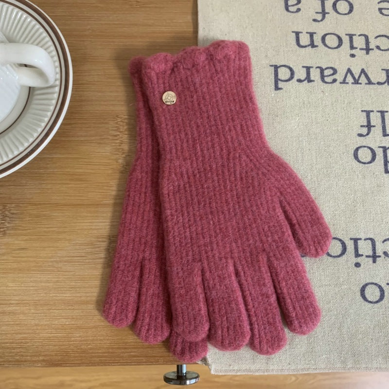 Guantes cálidos de lana con volantes de color liso para mujer en invierno