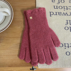 Guantes cálidos de lana con volantes de color liso para mujer en invierno