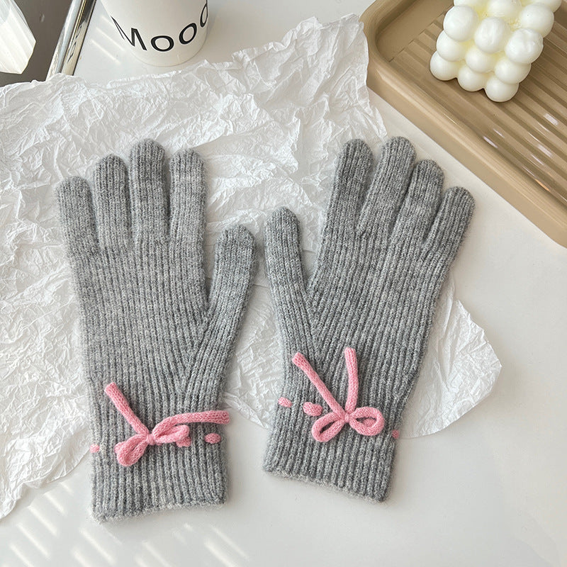 Autumn And Winter Bow Pure Color Warm Keeping Finger Gloves