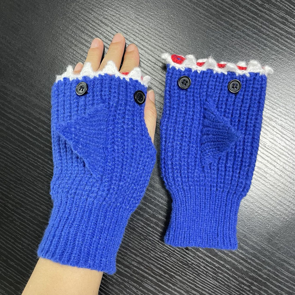 Cartoon Grey Shark Warm Half Finger Knitted Gloves