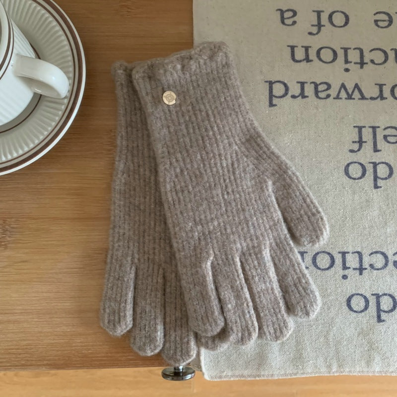 Guantes cálidos de lana con volantes de color liso para mujer en invierno