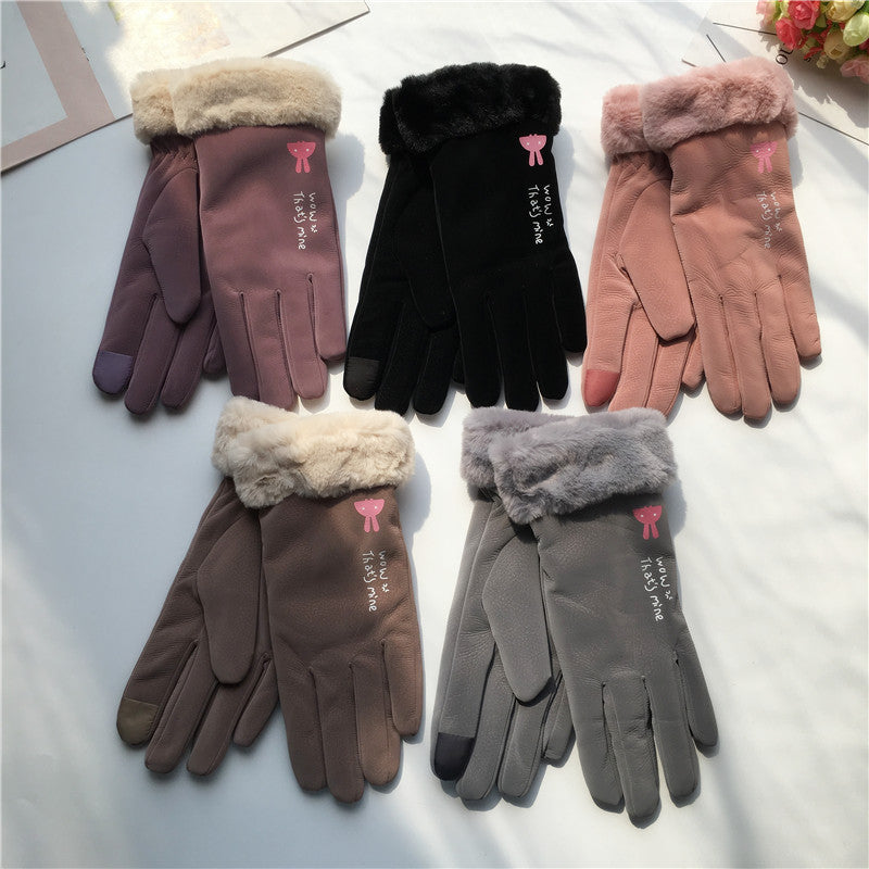 Autumn And Winter Riding Gloves Korean Style Alphabet Cartoon Warm Double Layer Fleece-lined