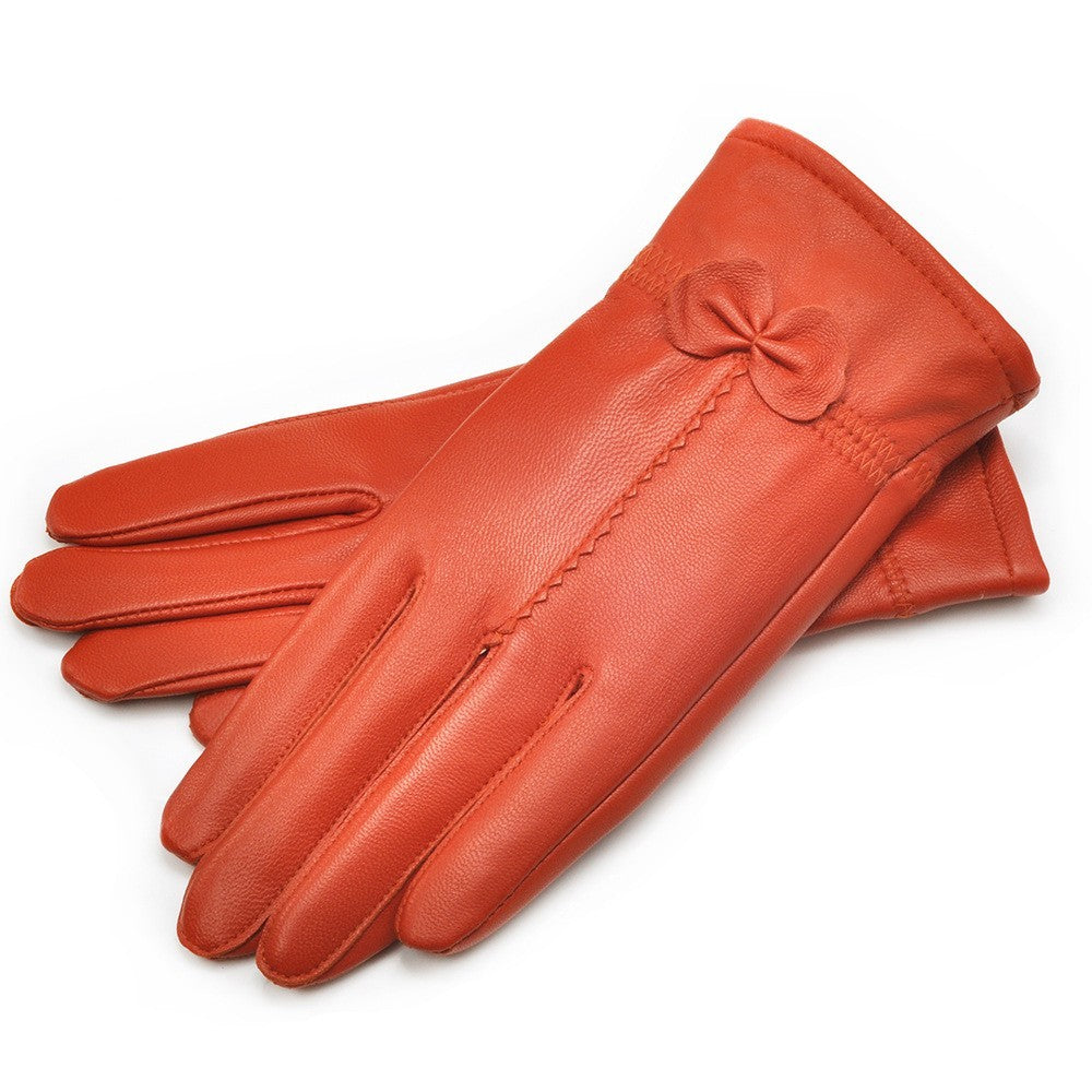 Guantes de piel de oveja para otoño e invierno para mujer, con lazo rojo frío, cálidos y de terciopelo.