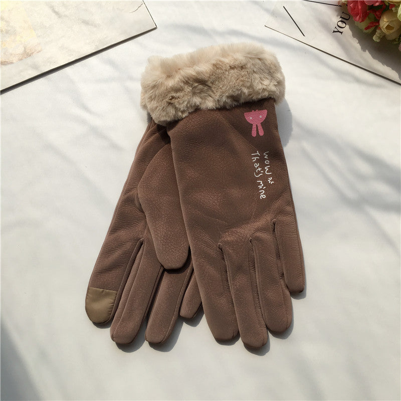 Autumn And Winter Riding Gloves Korean Style Alphabet Cartoon Warm Double Layer Fleece-lined