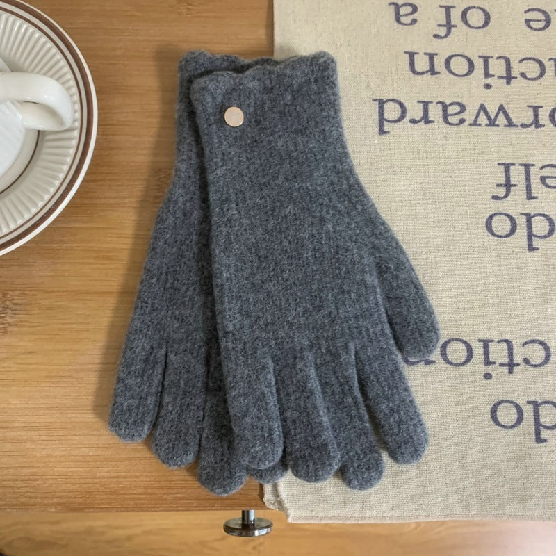 Guantes cálidos de lana con volantes de color liso para mujer en invierno