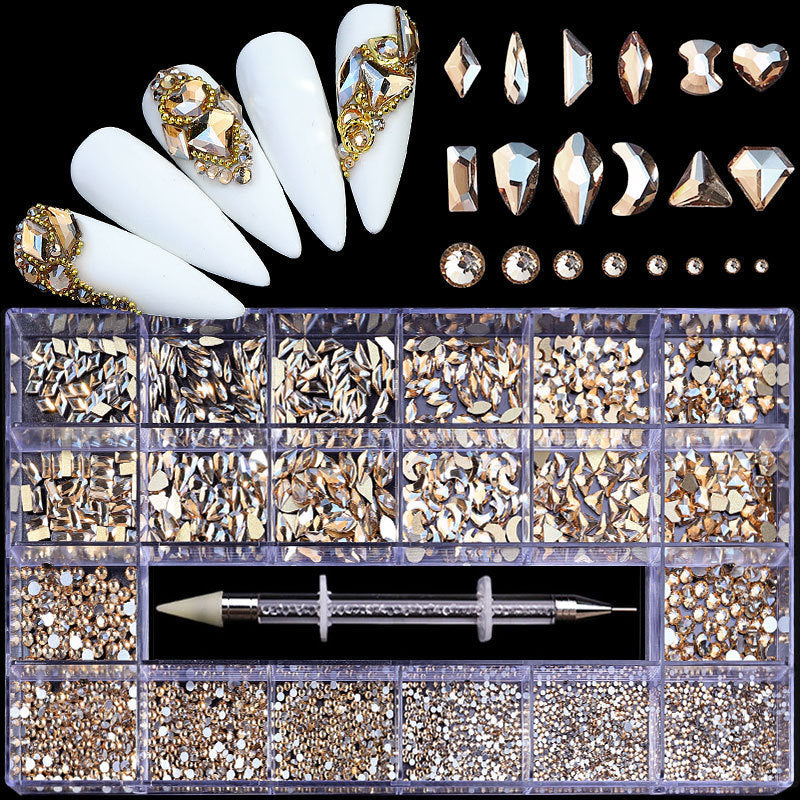 21 Grid Boxed Nail Strass Flachglas Nagel Strass Schmuck Set