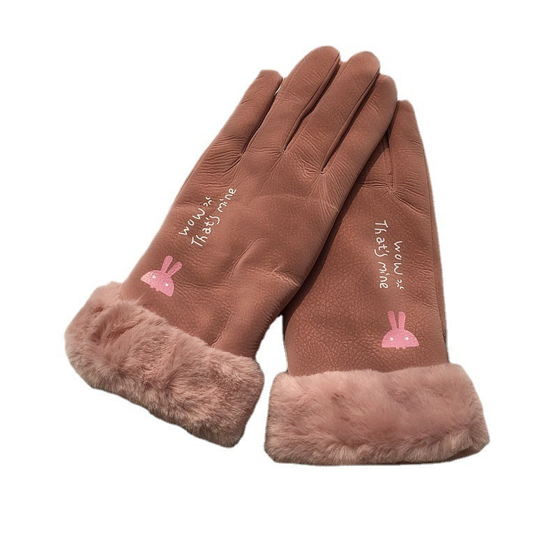 Autumn And Winter Riding Gloves Korean Style Alphabet Cartoon Warm Double Layer Fleece-lined