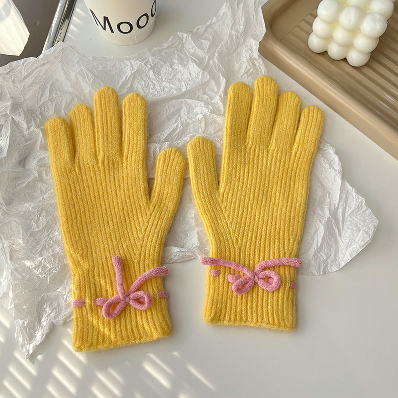 Autumn And Winter Bow Pure Color Warm Keeping Finger Gloves