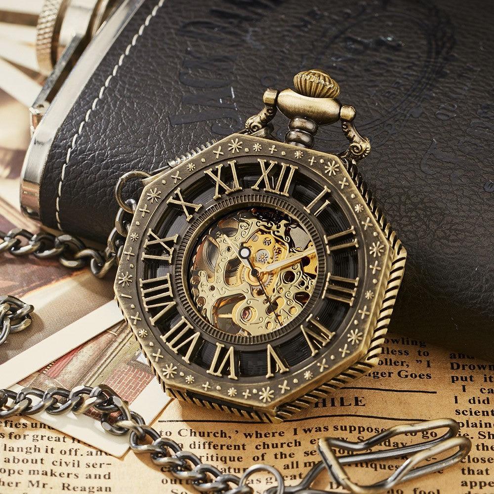 Reloj de bolsillo mecánico octogonal tallado retro romano