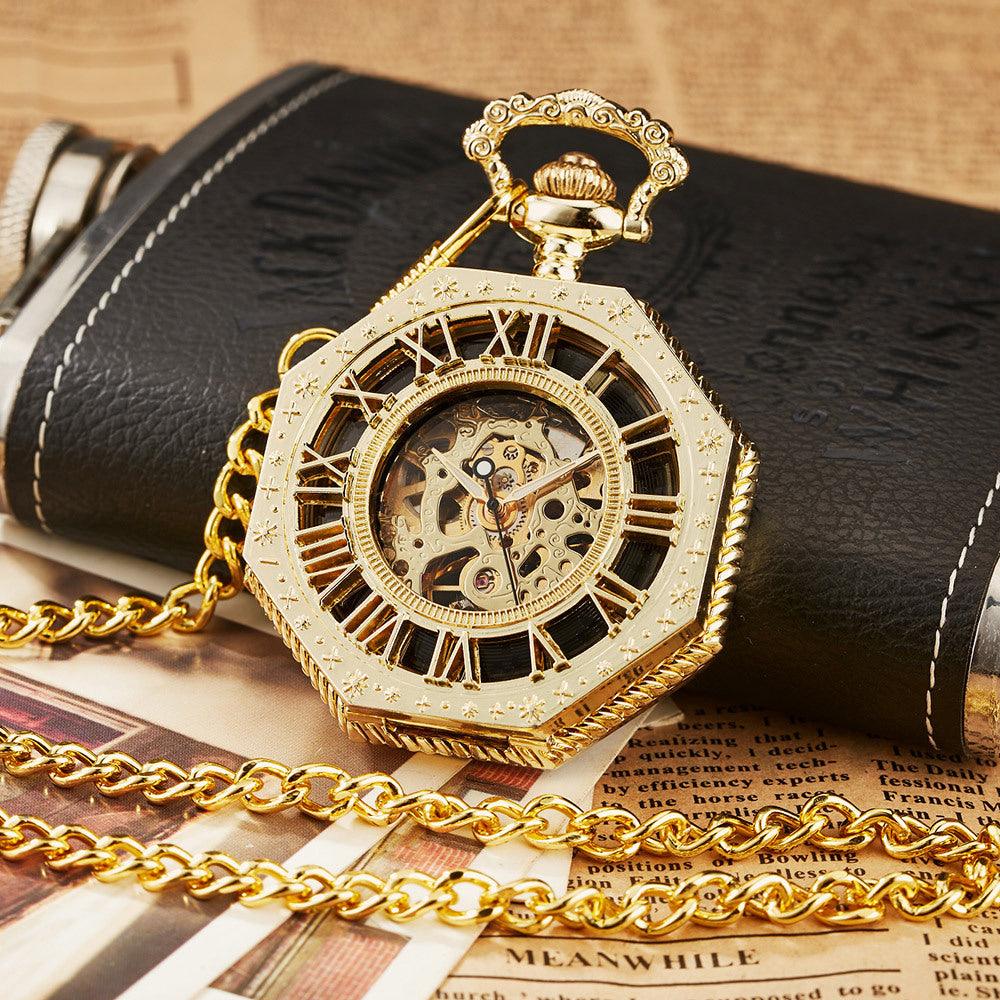 Pocket Watch Rome Carved Octagonal Mechanical Pocket Watch Retro Rome – Emes Shop