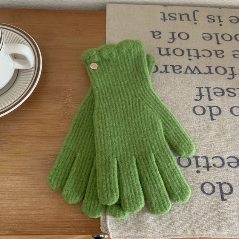 Guantes cálidos de lana con volantes de color liso para mujer en invierno