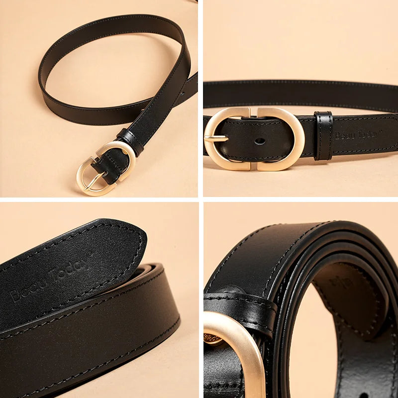 Genuine Cow Leather Belt with Retro Metal Oval Buckle