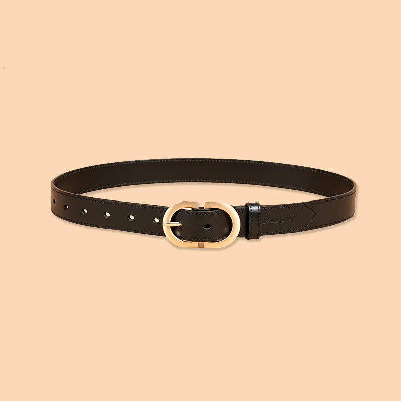 Genuine Cow Leather Belt with Retro Metal Oval Buckle