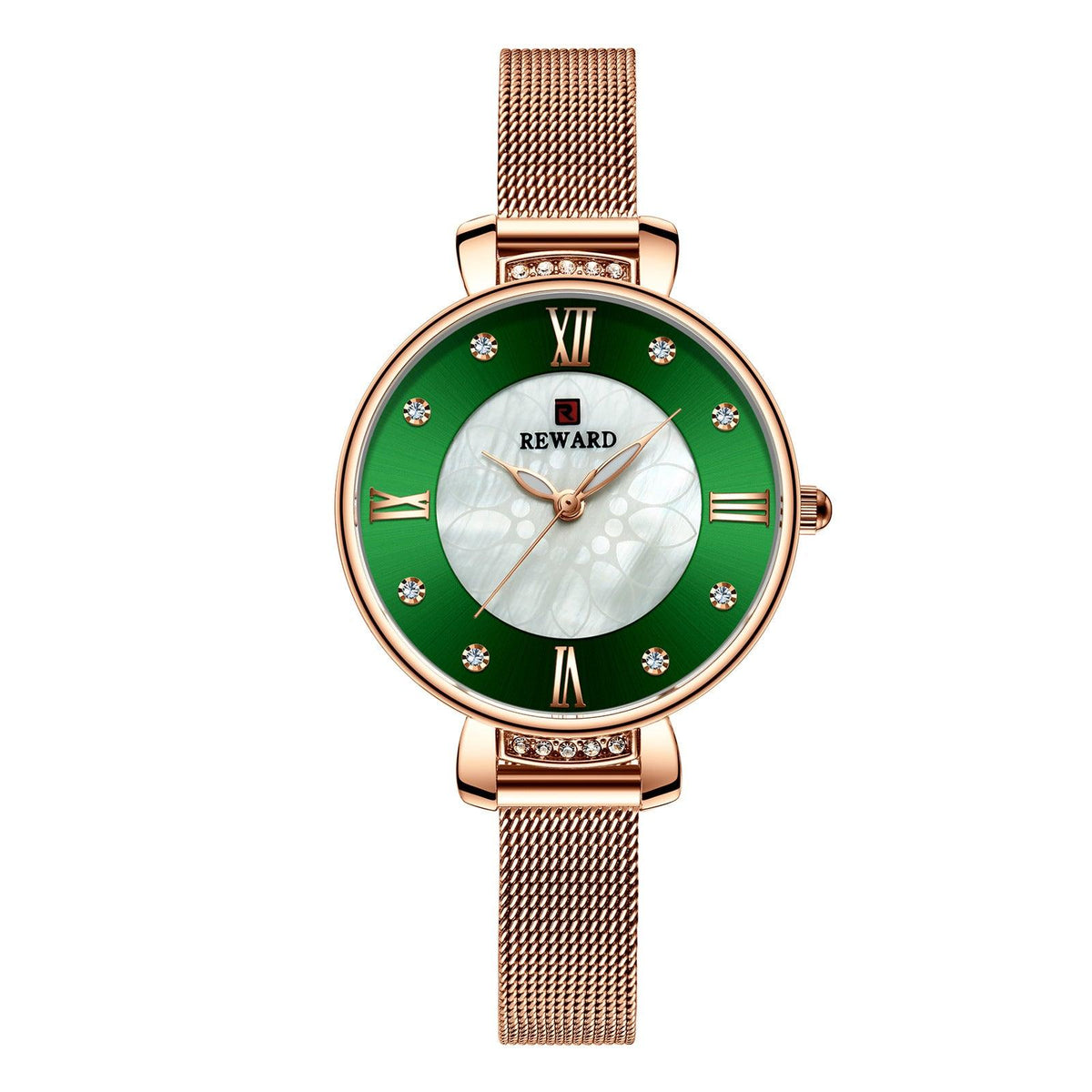 Reloj de mujer con correa de malla milanesa y delicado diseño de concha y diamantes