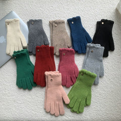 Guantes cálidos de lana con volantes de color liso para mujer en invierno