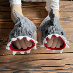 Cartoon Grey Shark Warm Half Finger Knitted Gloves