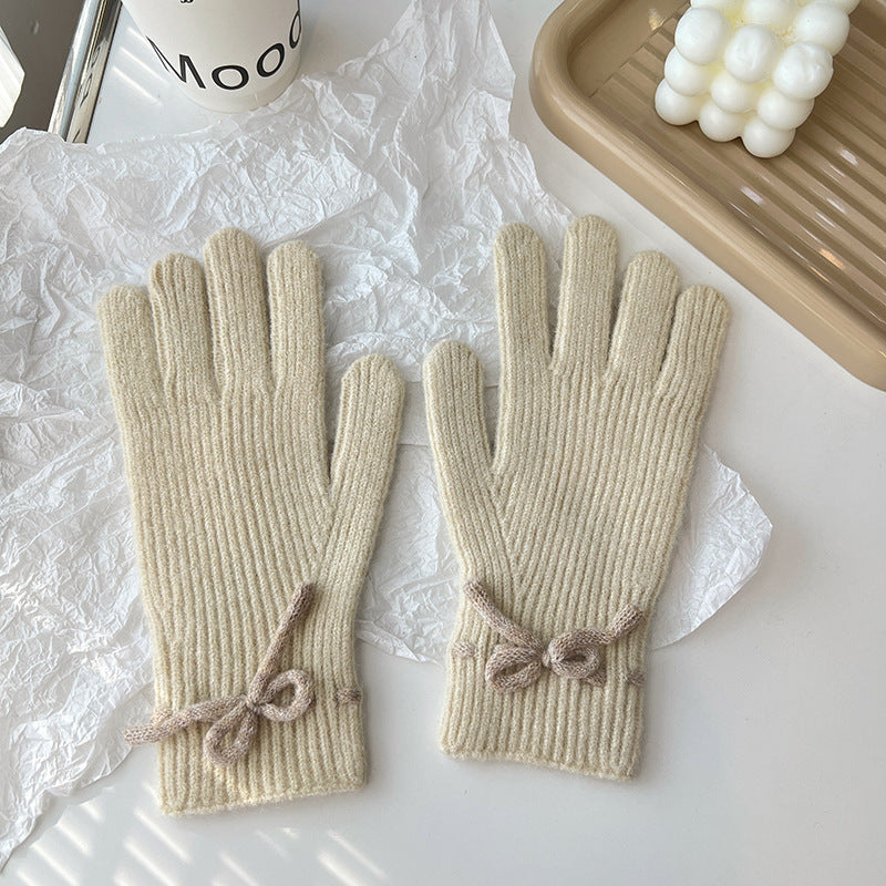 Guantes cálidos para dedos con lazo de color puro para otoño e invierno