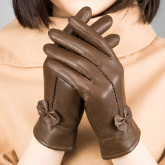 Guantes de piel de oveja para otoño e invierno para mujer, con lazo rojo frío, cálidos y de terciopelo.