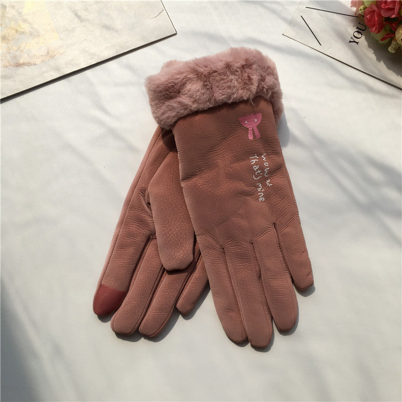 Autumn And Winter Riding Gloves Korean Style Alphabet Cartoon Warm Double Layer Fleece-lined