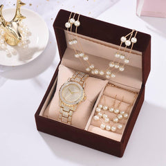 Creative Diamond Full Diamond Round Watch Pearl Bracelet Earring Necklace