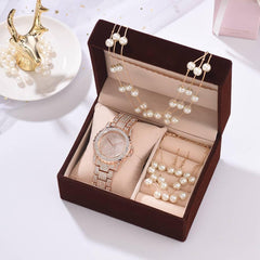 Creative Diamond Full Diamond Round Watch Pearl Bracelet Earring Necklace