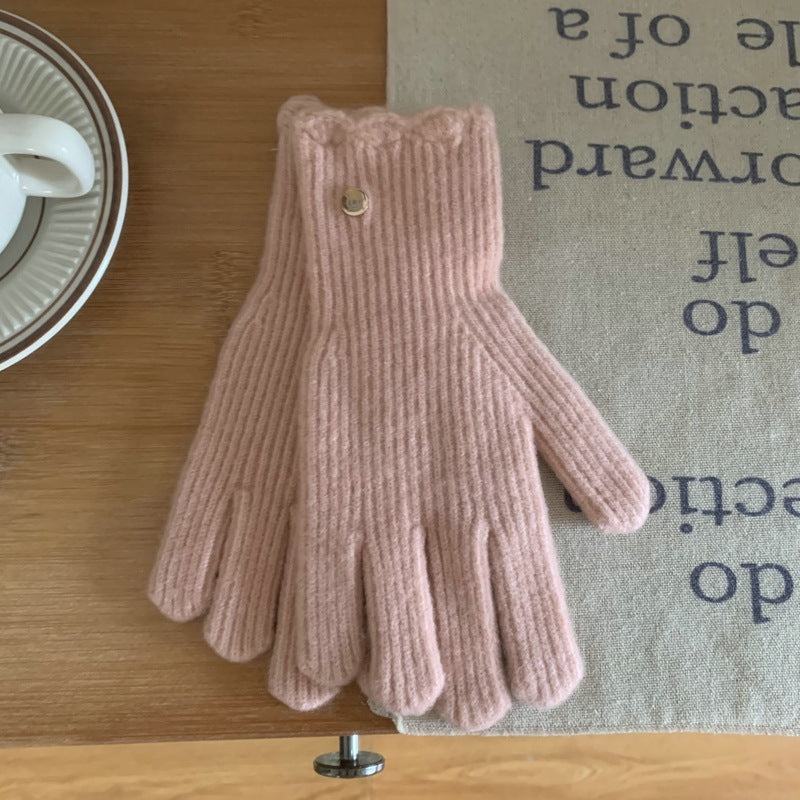 Guantes cálidos de lana con volantes de color liso para mujer en invierno