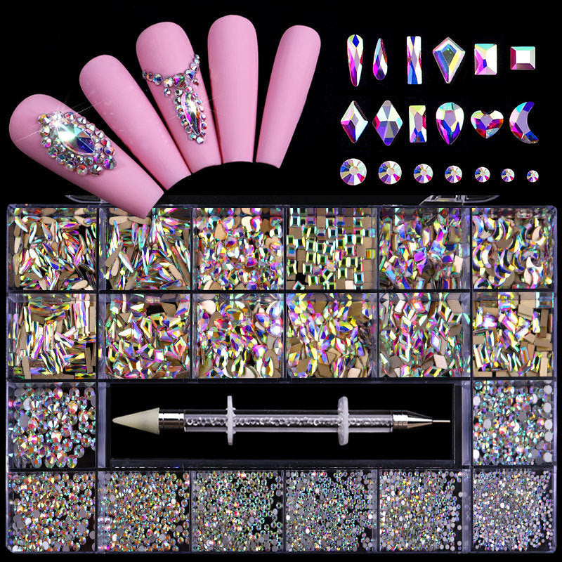 21 Grid Boxed Nail Strass Flachglas Nagel Strass Schmuck Set