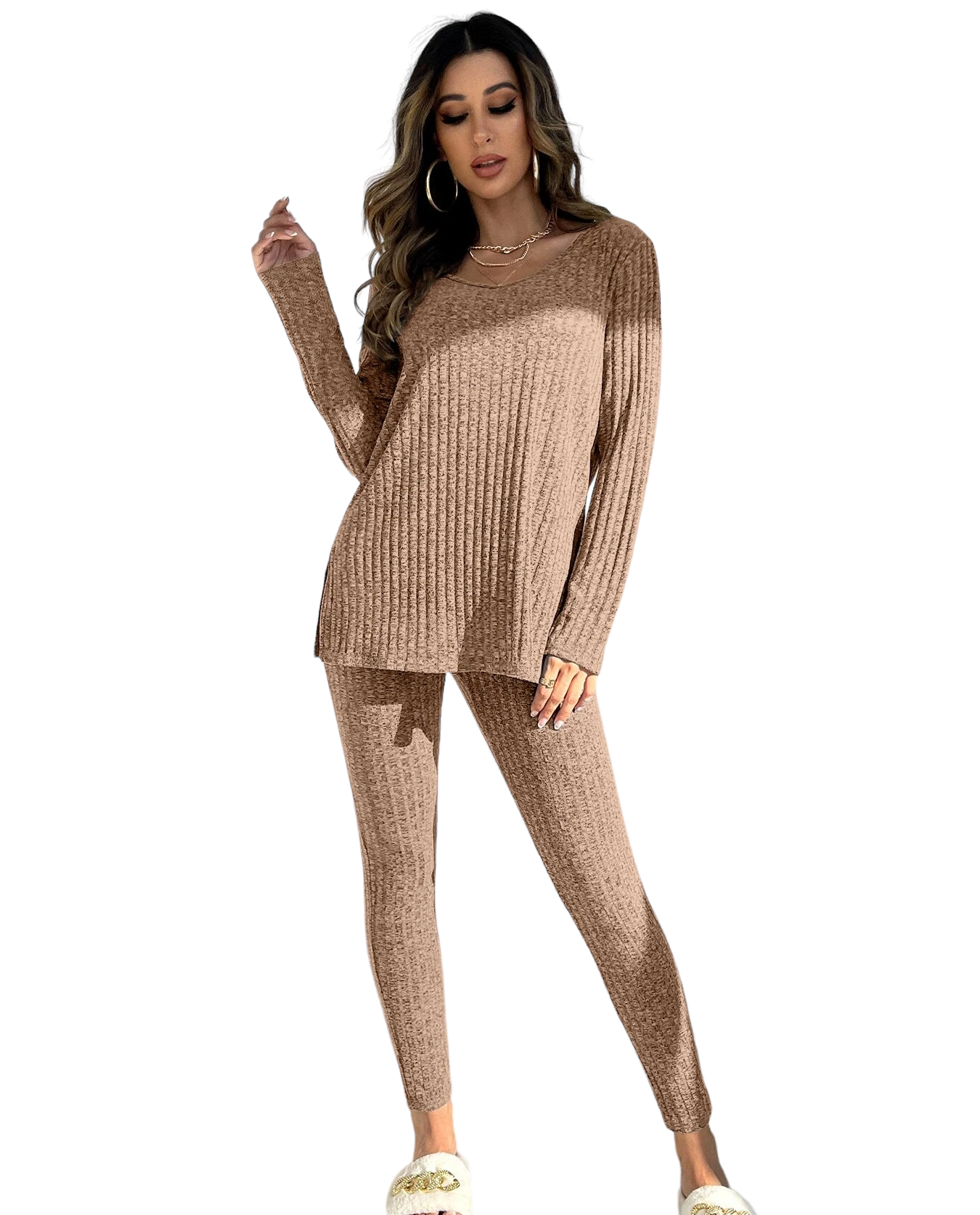 Lounge-Set aus Strickoberteil mit Schlitz am Saum und Leggings 