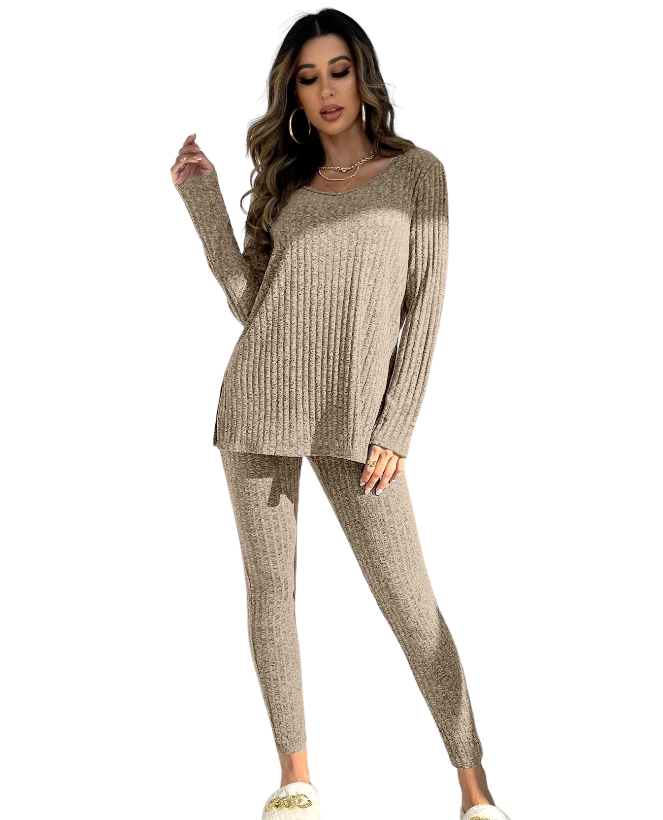 Lounge-Set aus Strickoberteil mit Schlitz am Saum und Leggings 