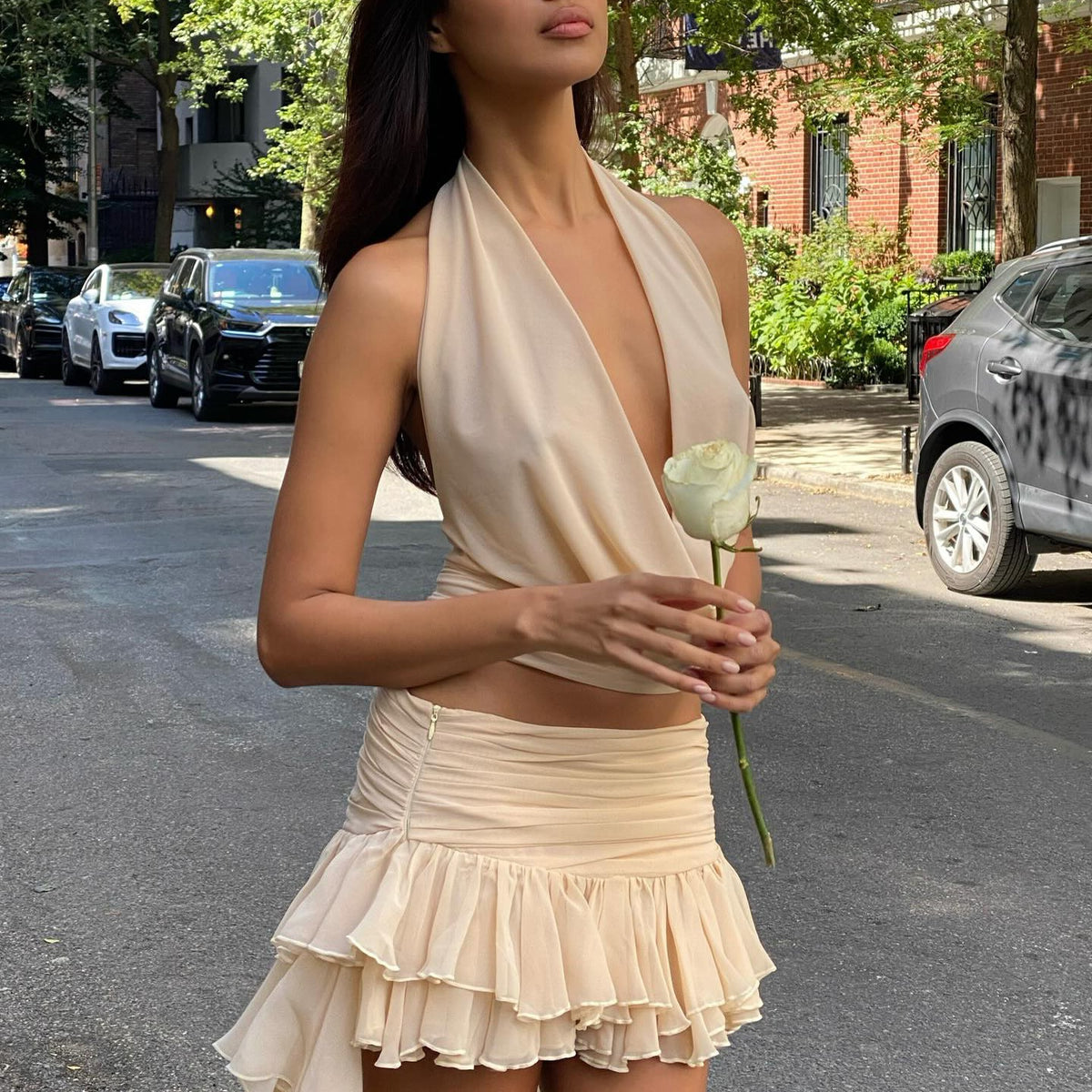 Halter Neck Open Back Hhiffon Suit