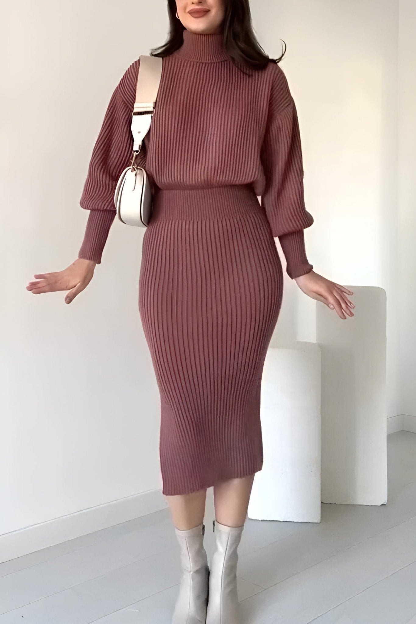 Ribbed Knit Two Piece Sweater And Skirt Set