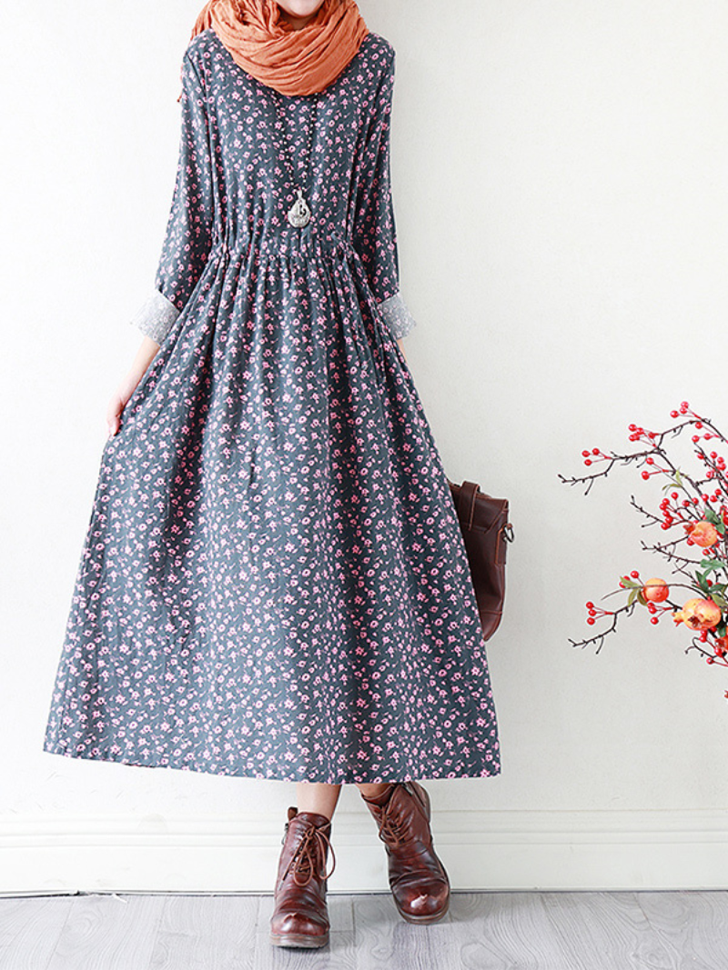 Vestido de algodón floral suelto informal talla grande manga larga vestido línea A