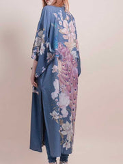 Kimono de fiesta con estampado floral de algodón y viscosa, color laguna azul.