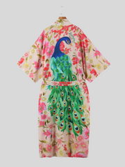 Hermoso cárdigan largo tipo kimono con estampado de pavo real de gran tamaño