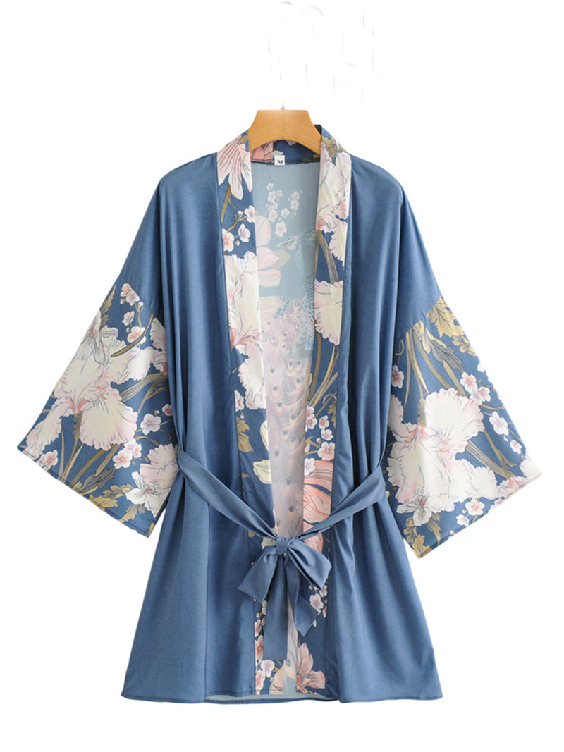 Kurzes Kimono-Staubtuch aus Baumwolle mit Blumenmuster in Blau