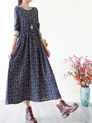Vestido de algodón floral suelto informal talla grande manga larga vestido línea A