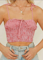 Crop Top mit Gingham-Muster und geraffter Schulterpartie